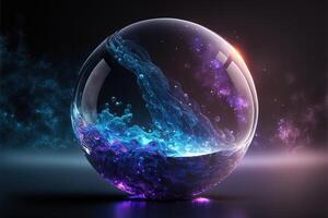 Glass magic ball filled with cosmic plasma. Transparent magic sphere on the background of galaxies, starry nebula. 3D rendering. . photo