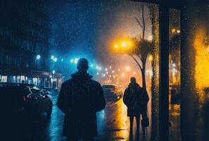 Dark silhouettes of people, rain, reflections in the wet glass. Night city street illuminated by neon light. 3D rendering. . photo