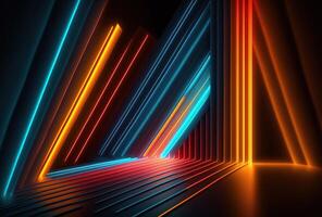 Abstract psychedelic dark background, multicolored glowing neon straight lines. Immersive fantasy interior, corridor, gallery. 3D rendering. . photo