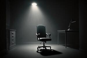 An office chair in a beam of studio light in the middle of a dark room, a cinematic scene. Free vacancy concept, leadership, ideal candidate. . photo