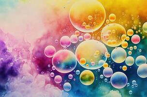 Rainbow soap bubbles. Multicolored glass balls. Bright watercolor abstract background. photo