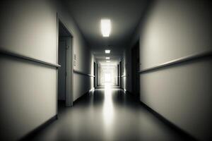 el largo corredor de el hospital. moderno interior borroso antecedentes. ai generado. foto