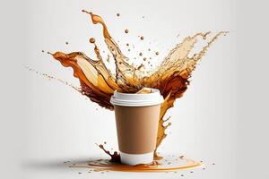 Coffee paper cup, splash and splatter. Burst of brown liquid, drips. Abstract illustration on white background. . photo