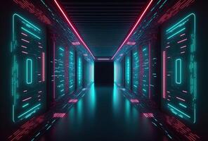 A fantastic neon tunnel, the corridor of a spaceship. Immersion in virtual reality, artificial intelligence. Dark abstract background with multicolored glow. 3D rendering. . photo