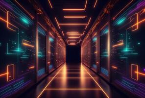 A fantastic neon tunnel, the corridor of a spaceship. Immersion in virtual reality, artificial intelligence. Dark abstract background with multicolored glow. 3D rendering. . photo