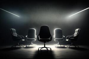 Several office chairs in a dark room are illuminated by beams of studio volumetric light. The concept of teamwork, leadership, success, job vacancy. . photo