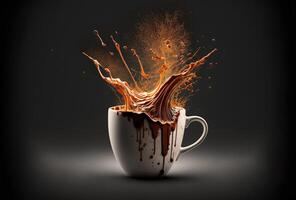 Coffee cup, splash and splatter. Burst of brown liquid, drips. Abstract illustration on dark background. . photo