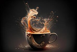 Coffee cup, splash and splatter. Burst of brown liquid, drips. Abstract illustration on dark background. . photo