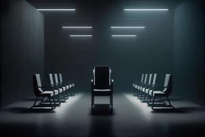 Several office chairs in a dark room are illuminated by beams of studio volumetric light. The concept of teamwork, leadership, success, job vacancy. . photo