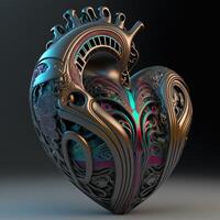 resumen metal corazón con maorí modelo. 3d representación. generativo ai. foto