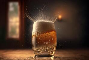 A glass of beer on a wooden table against a dark blurry background in the light of the sunset. Splash and splash of foam. . photo