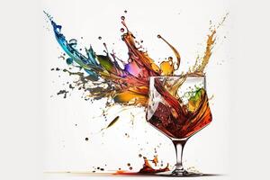 A splash of multicolored liquid in a clear glass. Explosion and splashing cocktail. Abstract illustration on white background. . photo