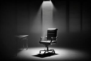 un oficina silla en un haz de estudio ligero en el medio de un oscuro habitación, un cinematográfico escena. gratis vacante concepto, liderazgo, ideal candidato. ai generado. foto