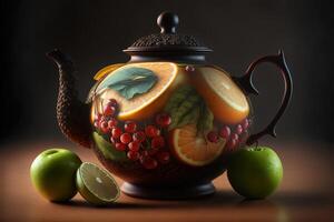 Beautiful tea kettle. Volumetric pattern of fruits, berries, citrus fruits. 3D rendering. . photo