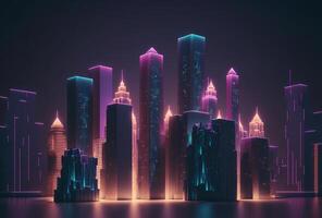 A futuristic night city in the distance glowing with neon light. Surrealistic skyscrapers. Cyberpunk, immersive world of the metaverse. 3D rendering. . photo