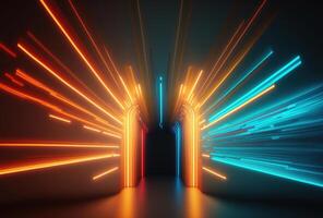 Abstract psychedelic dark background, multicolored glowing neon straight lines. Immersive fantasy interior, corridor, gallery. 3D rendering. . photo