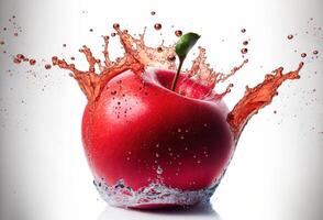 Red apple in a splash of water. Explosion of clear liquid and droplets on white background. . photo