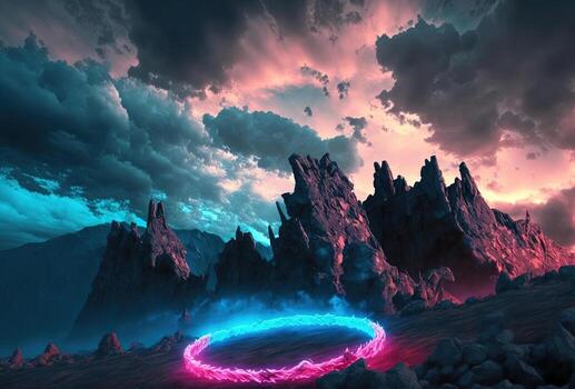 Fantastic mountain scenery with a round neon portal against a cloudy, thunderous sky. Surrealistic dystopian alien world. 3D rendering. . photo