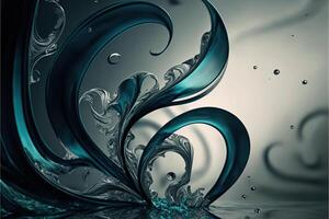 Glass waves, splashes on the mirror surface. Crystal wind over the water. Abstract composition. 3D rendering. . photo