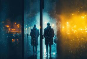 Dark silhouettes of people, rain, reflections in the wet glass. Night city street illuminated by neon light. 3D rendering. . photo