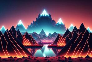 A futuristic landscape, low-polygon mountains illuminated by neon light on a gradient background. Immersion in a surreal digital virtual cyber world. 3D rendering. . photo