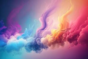 Clubs of multicolored neon smoke, ink. An explosion, a burst of holi paint. Abstract psychedelic pastel light background. 3D rendering. . photo