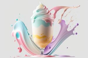 Splash multicolored ice cream in a glass bowl. Splash and drops of cream, milkshake. Abstract illustration of pastel colors on a white background. . photo