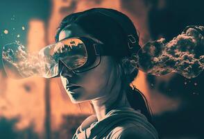 Young girl, woman with VR glasses immersed in virtual reality, surreal abstract background, double exposition. Creative art and meta-universe technology. 3D rendering. photo