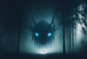 Scary alien monster in the misty night forest. The creepy silhouette of a huge creature with glowing eyes is illuminated by the moon. 3D rendering. . photo