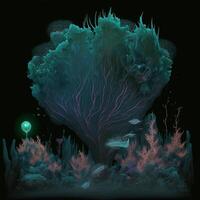 A fantastic underwater world. Surrealistic animals and plants. Dark green 3D illustration. photo