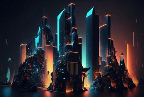 A futuristic night city in the distance glowing with neon light. Surrealistic skyscrapers. Cyberpunk, immersive world of the metaverse. 3D rendering. . photo