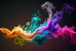 burbujas de multicolor neón fumar, tinta. un explosión, un Estallar de holi pintar. resumen psicodélico negro oscuro antecedentes. 3d representación. ai generado. foto