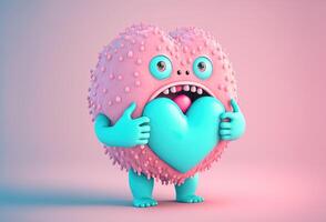 3D character is a cute monster holding a heart. Funny toothy alien gives heart, confesses his love on pastel background. photo