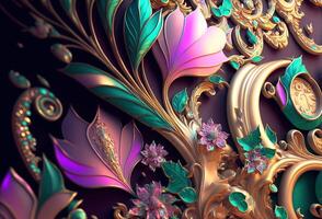 Elegant, luxurious ornament of gold, purple and green flowers and leaves. Abstract floral pattern, jewelry background. 3D rendering. AI generated photo