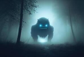 Scary alien monster in the misty night forest. The creepy silhouette of a huge creature with glowing eyes is illuminated by the moon. 3D rendering. . photo