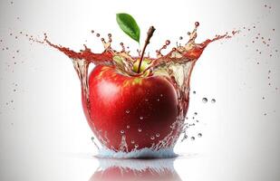 Red apple in a splash of water. Explosion of clear liquid and droplets on white background. . photo