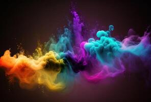 Bubbles of multicolored neon smoke, ink. An explosion, a burst of holi paint. Abstract psychedelic black dark background. 3D rendering. . photo