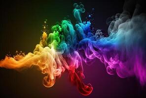 Bubbles of multicolored neon smoke, ink. An explosion, a burst of holi paint. Abstract psychedelic black dark background. 3D rendering. . photo