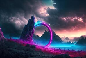 Fantastic mountain scenery with a round neon portal against a cloudy, thunderous sky. Surrealistic dystopian alien world. 3D rendering. . photo