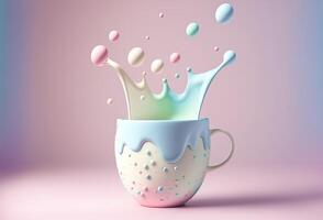 Drops of milk over a cup. Splash of milkshake, thick liquid, cream, colorful balls. Abstract pastel background. 3D rendering. . photo