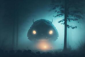 Scary alien monster in the misty night forest. The creepy silhouette of a huge creature with glowing eyes is illuminated by the moon. 3D rendering. . photo