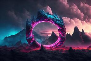 Fantastic mountain scenery with a round neon portal against a cloudy, thunderous sky. Surrealistic dystopian alien world. 3D rendering. . photo