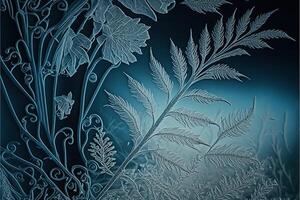 Frozen pattern on the window. Frosted glass in amazing elements. Winter crystal background texture. 3D render. . photo