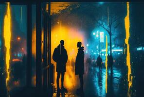 Dark silhouettes of people, rain, reflections in the wet glass. Night city street illuminated by neon light. 3D rendering. . photo