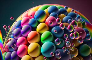 Rainbow soap bubbles. Multicolored glass balls. Bright abstract background. 3D rendering. photo