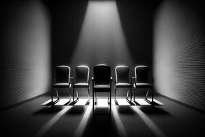 varios oficina sillas en un oscuro habitación son iluminado por vigas de estudio volumétrico ligero. el concepto de trabajo en equipo, liderazgo, éxito, trabajo vacante. ai generado. foto