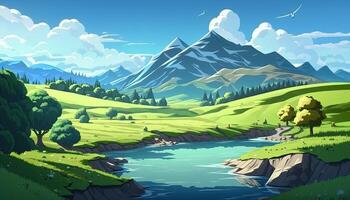 A beautiful anime style summer landscape. Green valley, river, high mountains with snow capped peaks, blue sky with white clouds. . photo