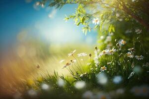 un hermosa primavera borroso antecedentes. verano paisaje floreciente prado, brillante verde césped, margaritas, vistoso flores floración arboles pero un antecedentes de azul cielo con nubes ai generado foto