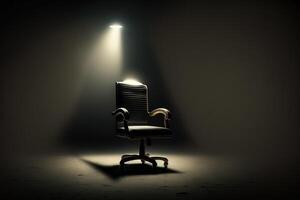 An office chair in a beam of studio light in the middle of a dark room, a cinematic scene. Free vacancy concept, leadership, ideal candidate. . photo