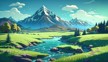 A beautiful anime style summer landscape. Green valley, river, high mountains with snow capped peaks, blue sky with white clouds. . photo